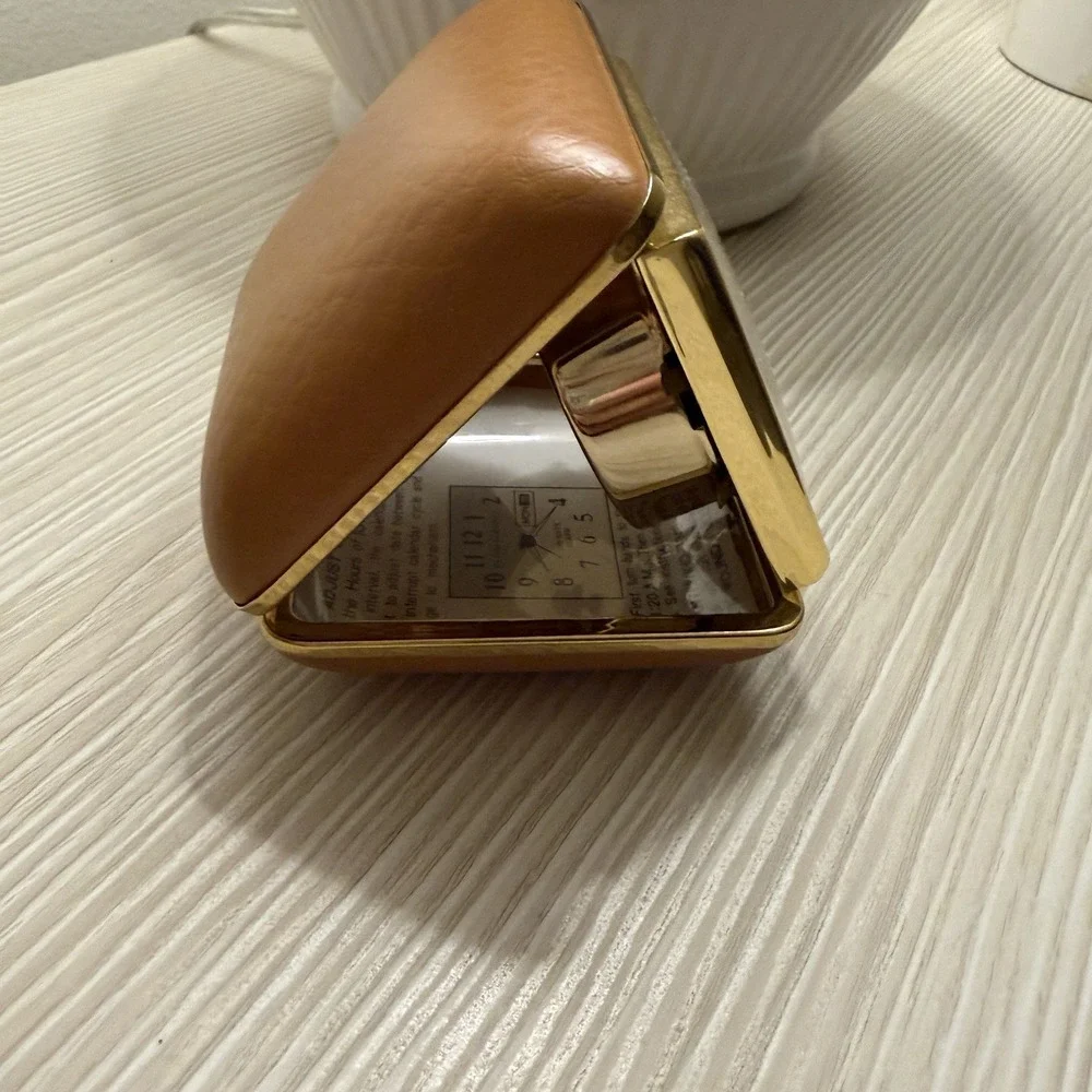 Phinney Walker Day & Date Alarm Windup Clock Tan Case Japan Vintage‎ 1950s works